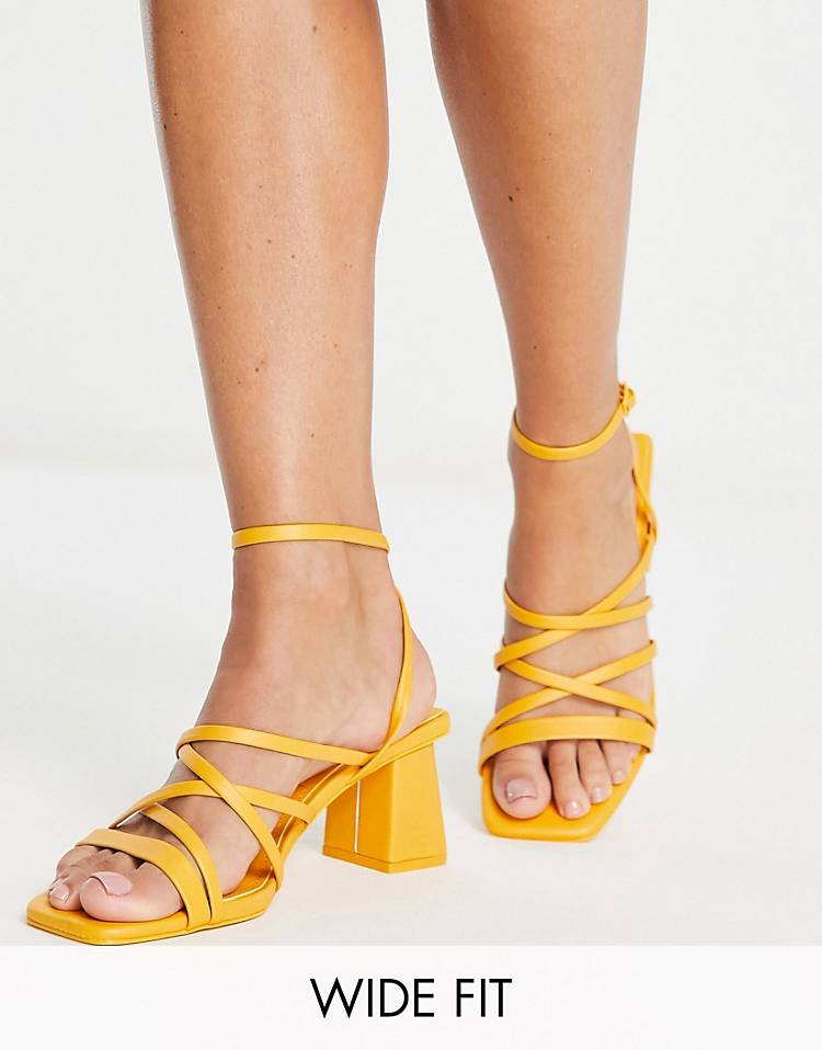 Pull&Bear wide fit strappy mid block heeled sandals in orange